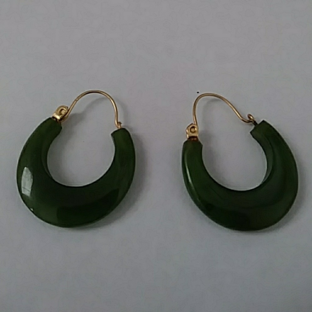 Vintage Creole style green jade and gold hoops